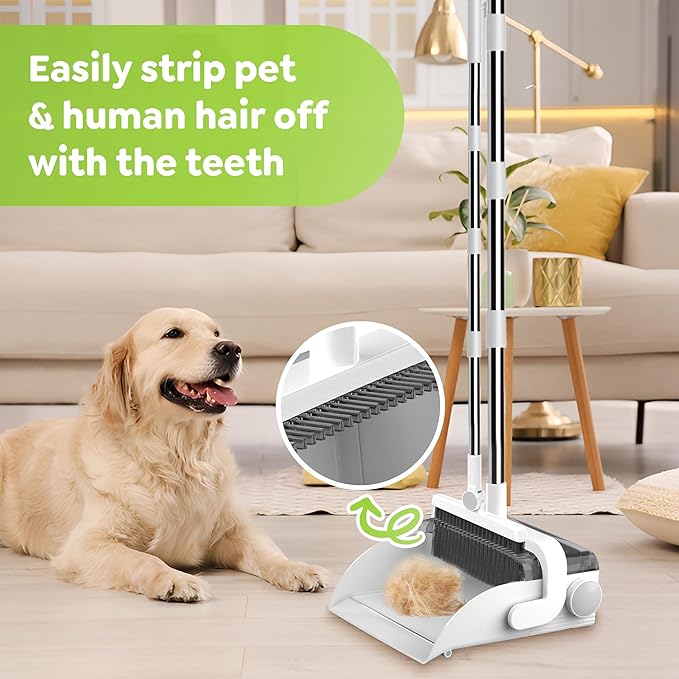 DustDockPro: Broom and Dustpan Set with Trashcan - Long Handle Upright Dust Pan with Teeth Comb Angled Bristles for Pet Hair Removal Compact Cleaning Kit for Kitchen Home Tiles Hard Floors