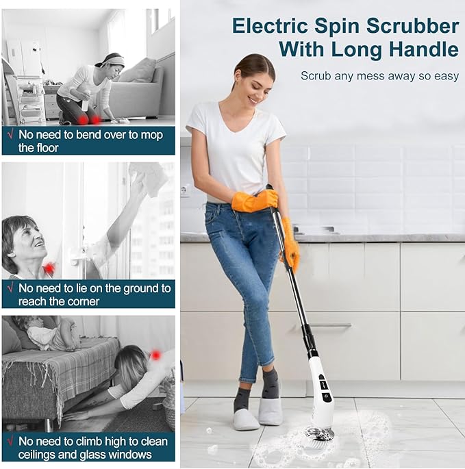 Electric Spin Scrubber with 7 Replaceable Brush HeadShower Scrubber with Long Handle7 in 1 Cordless Cleaning BrushPower Shower Scrubber for Bathroom Tub Tile Floor Kitchen WindowBlack