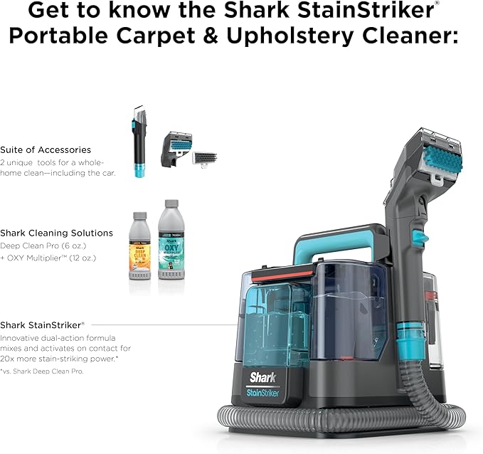 Shark StainStriker Portable Carpet &amp Upholstery Cleaner w/on board self cleaning - Spot Stain &amp Odor Eliminator Includes 2 Cleaning Tools &amp 2 Cleaning Solutions Charcoal PX221BRN
