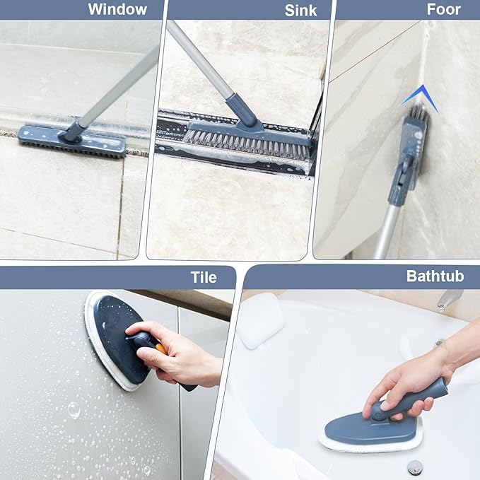 Shower Cleaning Brush4 in 1 Tile Tub Shower Scrubber with 54.7'' Long Handle Stiff Bristles Sponge Brush Grout Brush Microfibe Pads for Bathroom Kitchen Toilet Wall Glass Tub Tile Sink