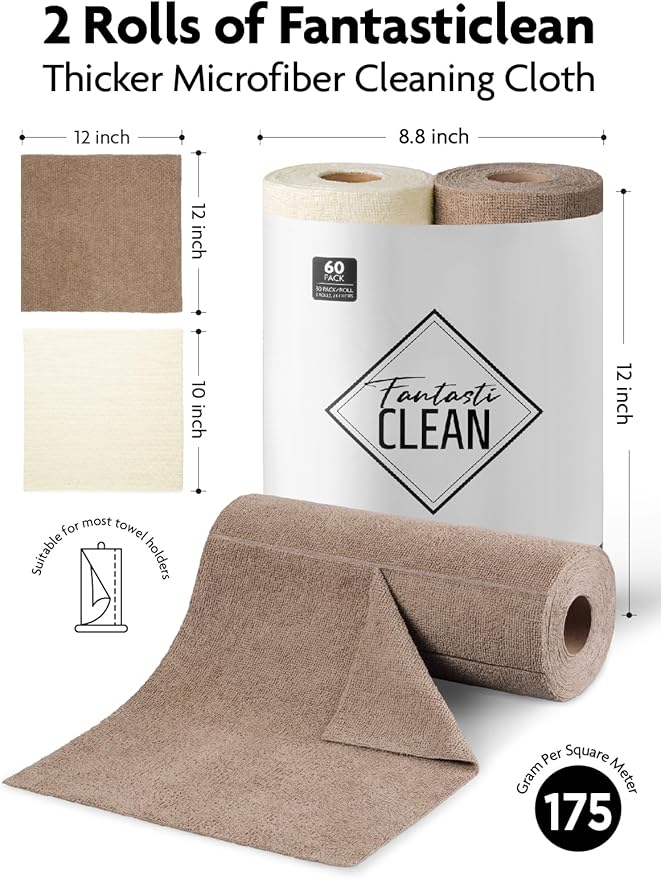 Fantasticlean Microfiber Cleaning Cloth Roll -60 Pack Tear Away Microfiber Towels 12 x 12 Reusable Washable Scratch Free Ultra Absorbent Dishcloth for All-Around Cleaning (Beige &amp Tan)