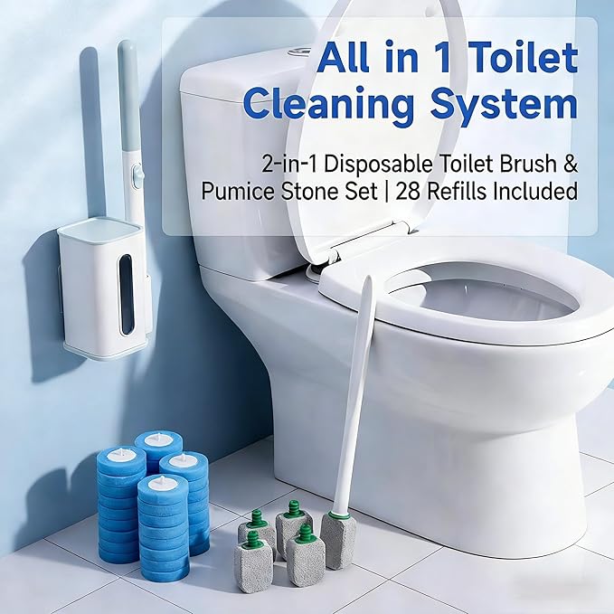 2-in-1 Toilet Cleaning Kit: Disposable Toilet Brush with 24 Refills &amp Pumice Stone Scrubber with 4 Stones Wall Mounted Holder No-Touch Cleaning for Toilets Sink