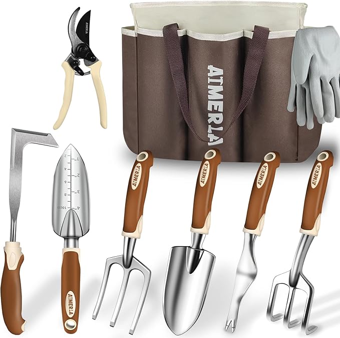 Aimerla Gardening Tools Set of 9 Heavy Duty Garden Tools with Non-Slip Rubber Grip with Large Garden Bag for Tools Durable Hand Tools for Gardening WeedingGardening Gifts for WomenMen