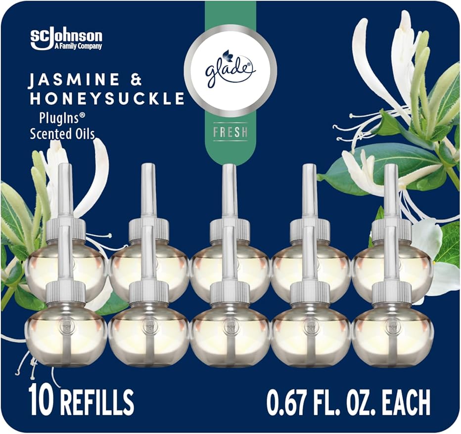 Glade PlugIns Refills Air Freshener Jasmine &amp Honeysuckle Scented and Essential Oils for Home and Bathroom 0.67 Fl Oz 10 Count