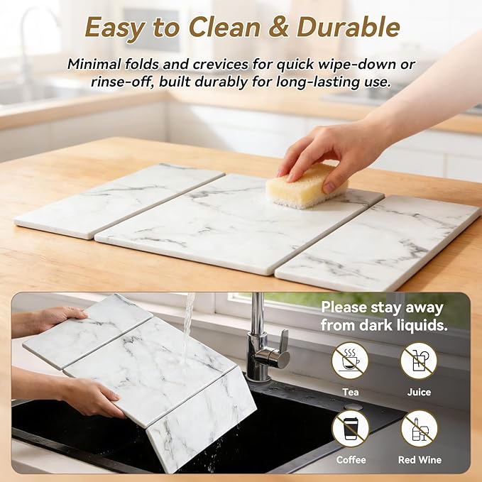 Large Stone Drying Mat for Kitchen Counter Foldable Quick Dry Dish Drying Mat 24x16 Water Absorbent Diatomaceous Earth Mats for Bottles Cups Dishes Modern Kitchen Essentials (White)