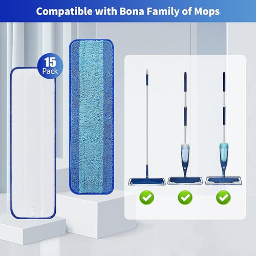 15-Pack Microfiber Mop Pads for Bona Mpo- Washable Reusable Refills for Hardwood Tile &amp Multi-Surface Floors | Pet Hair &amp Stain Remover
