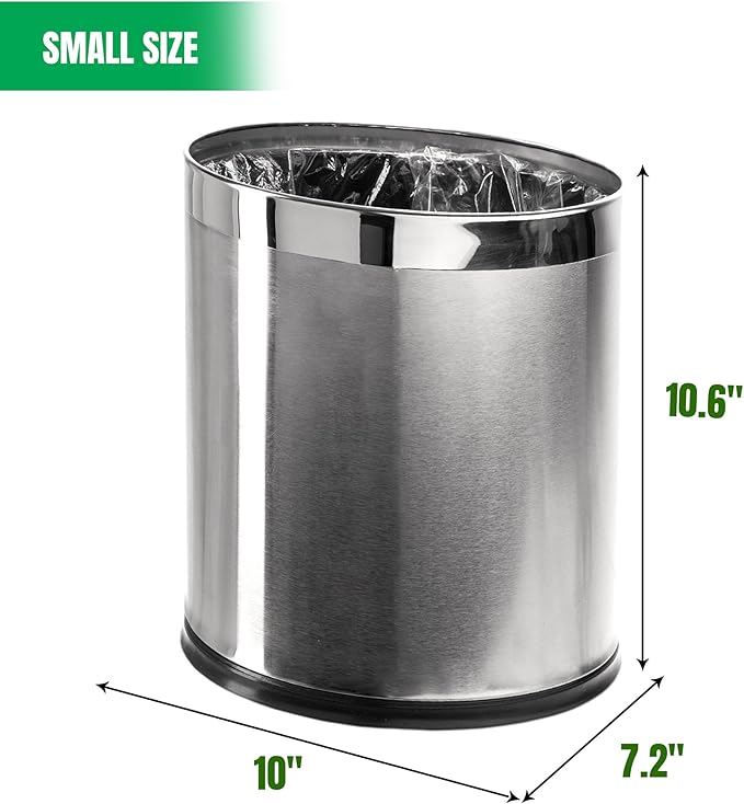'Invisi-Overlap' Open Top Stainless Steel Trash Can Small Office Wastebasket Modern Home Décor Oval Shape
