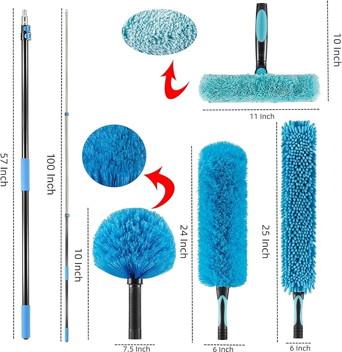 15 Foot High Ceiling Fan Duster with 5-8ft Extension Pole Extendable Reusable Cobweb Feather Window Cleaning Squeegee Kit
