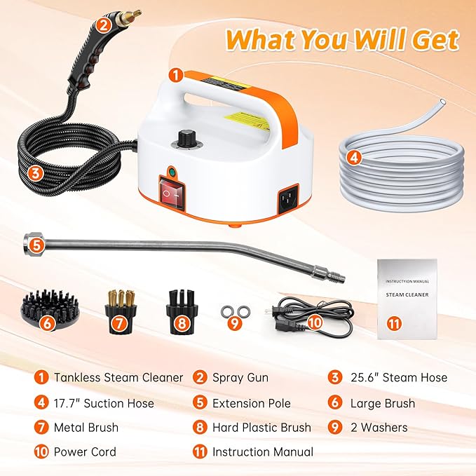 4.5BAR Handheld Steam Cleaner 2500W Portable Steam Cleaner for Home for Car Kitchen Furniture Floors Cleaning Tankless Design 6-Speed Pressurized Steam Machine with 3 Brush Heads Orange