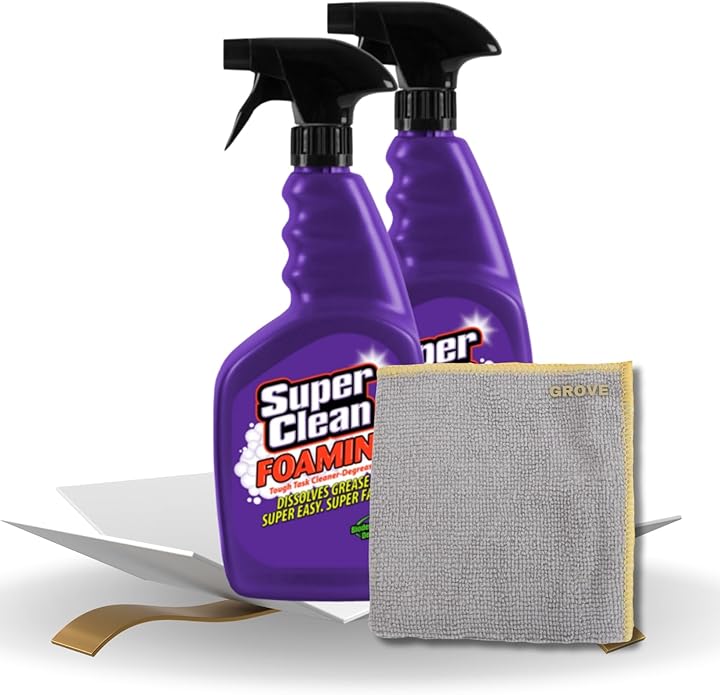 Super Clean Citrus Scent Foaming Cleaner and Degreaser Spray 32 oz Bundle with Microfiber Cloth - Heavy Duty Degreaser for Kitchen Oil Grime and Dirt Removal - (3 Items)