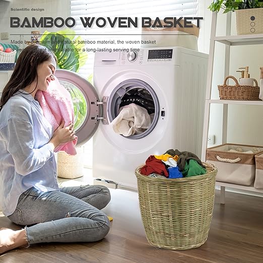 Rattan Waste Basket with Lid - Round Wicker Trash Can Garbage Container Bin Laundry Basket Flower Pots Woven Storage for Home Office
