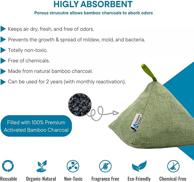 4 Pack of 200g Naturally Activated Bamboo Charcoal Air Purifying Bags | Natural Home Deodorizer Bags | Charcoal Bag Odor Absorber For Pets | Odor Eliminator &amp Moisture Absorber Air Freshener Bags