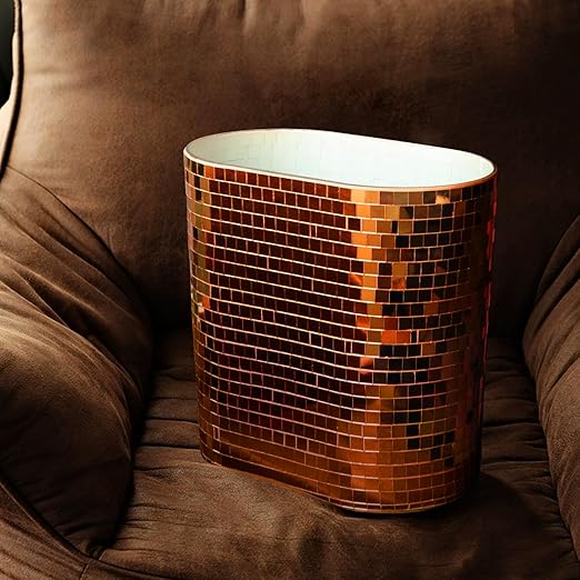 WDHODEC Rose Gold Mosaic Waste Basket (9.8 Tall) | Narrow Oval Decorative Trash Can for Bathroom Vanity &amp Toilet Side | Luxury Handcrafted Mirror Accent Dual-Use Flower Vase