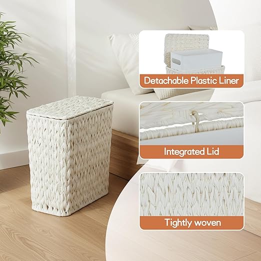 Wicker Trash Can with Lid and LinerBoho Decotative Small Bathroom Trash CansWaterproof Slim Waste Basket for BedroomHome Office3 Gallon Cream White