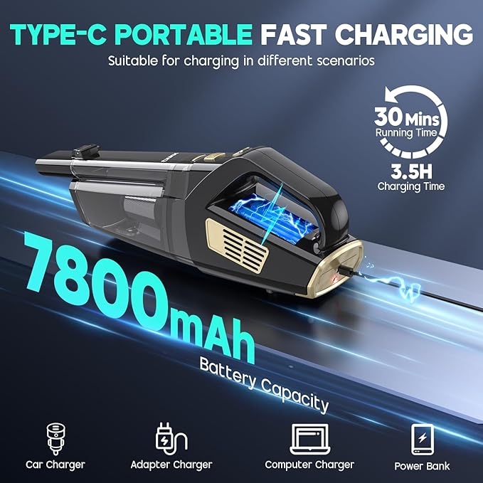 Handheld Vacuum Cordless 15000PA Strong Suction Hand Held Car Vacuum Cleaner Portable with Multi-Nozzles &amp Washable Filter Lightweight Dust Busters Rechargeable for Home Car Office Pets