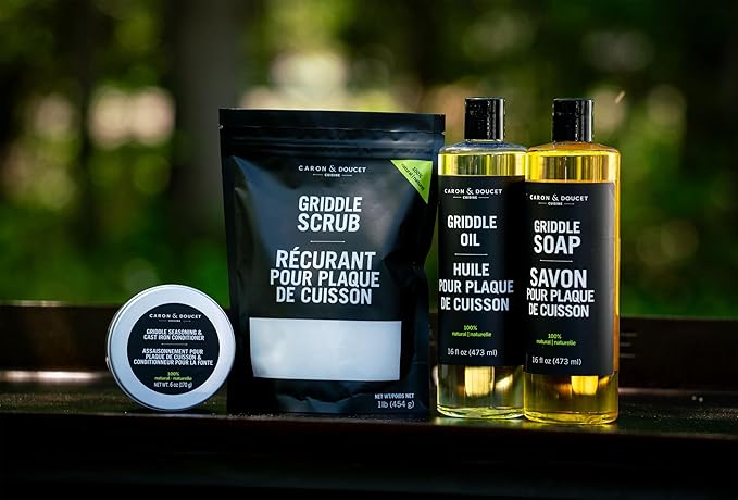 CARON &amp DOUCET – Ultimate Griddle Set | Seasoning Oil Soap &amp Salt Scrub | 100% Plant-Based &amp Best to Season Clean Care Restore Maintain &amp Protect