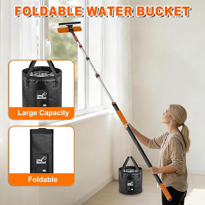 26FT Reach High Ceiling Duster Kit Window Cleaning kit with 5-20FT Extension Pole Fan Duster for Ceiling Fan Blades Microfiber Feather Duster Window Squeegee Bucket and Cobweb Duster