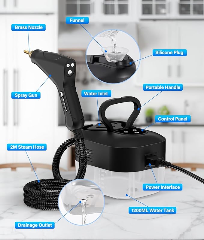 HK Steam Cleaner 6-Level Adjustable Handle 1.2L Tank 15s Heat-Up 2500W Steamer for Cleaning Portable Steamer for Cleaning with 16PCS Accessories Steam Cleaner for Home Dirt Grease Car