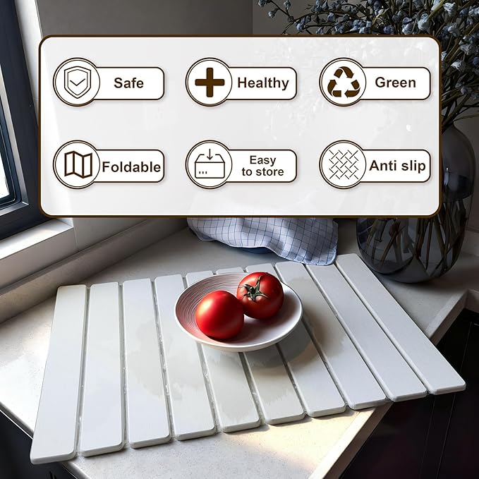 Large Stone Dish Drying Mat for Kitchen Counter 24×16 Quick Dry Collapsible Diatomaceous Earth Mat – Super Absorbent Foldable Drying Pad for Dishes (White 23.2 x 15.4)