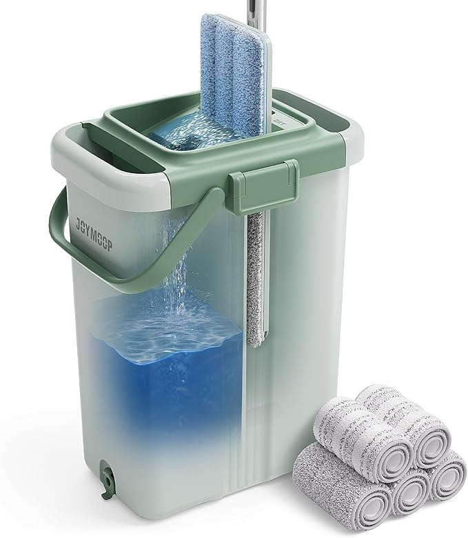 JOYMOOP Mop and Bucket Set - Mops for Floor Cleaning &amp Wall Cleaner with Long Handle Include 5 Microfiber Mop Pads - Green Bucket (X-Large)
