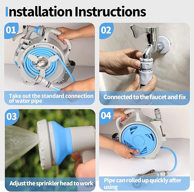 Garden Retractable Hose Reel Portable Simple Home Hose Reel 45+5 FT with 7 Patterns Spray Nozzle Wall Mounted and Any Length Lock for Garden Watering Car Washing Pet (Blue)
