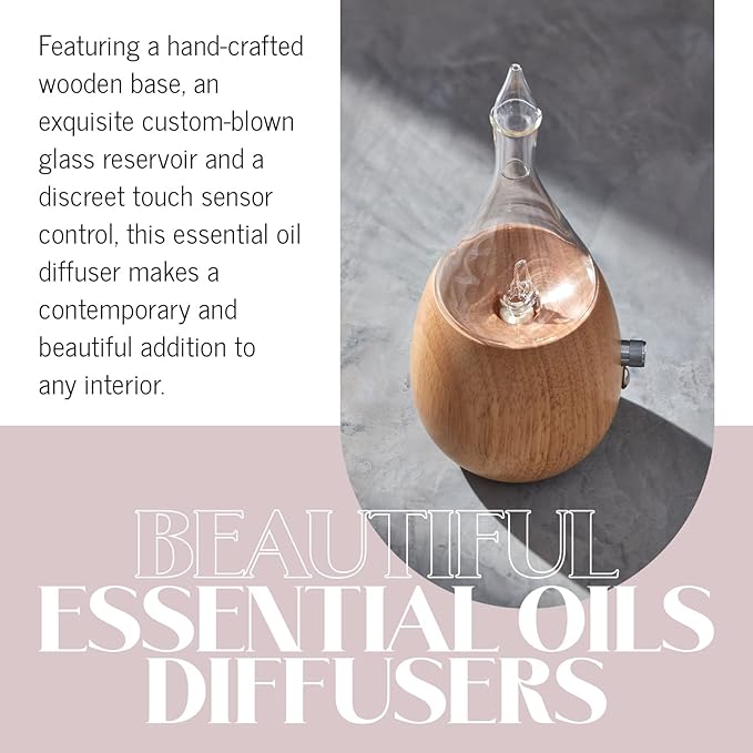 Raindrop 2.0 Aromatherapy Diffuser for Essential Oil Waterless Glass Nebulizer w/Auto-Off Switch BPA Free - Black