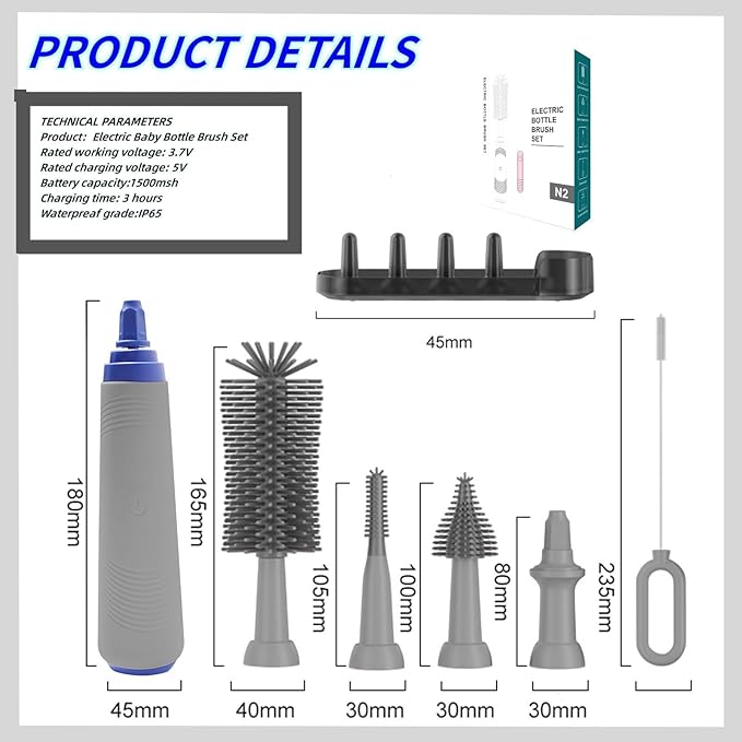 Electric Baby Bottle Cleaner with Drying Rack Silicone Bottle Brush Set Easy-Grip Handle Rechargeable/Waterproof Spinning Brush Grey