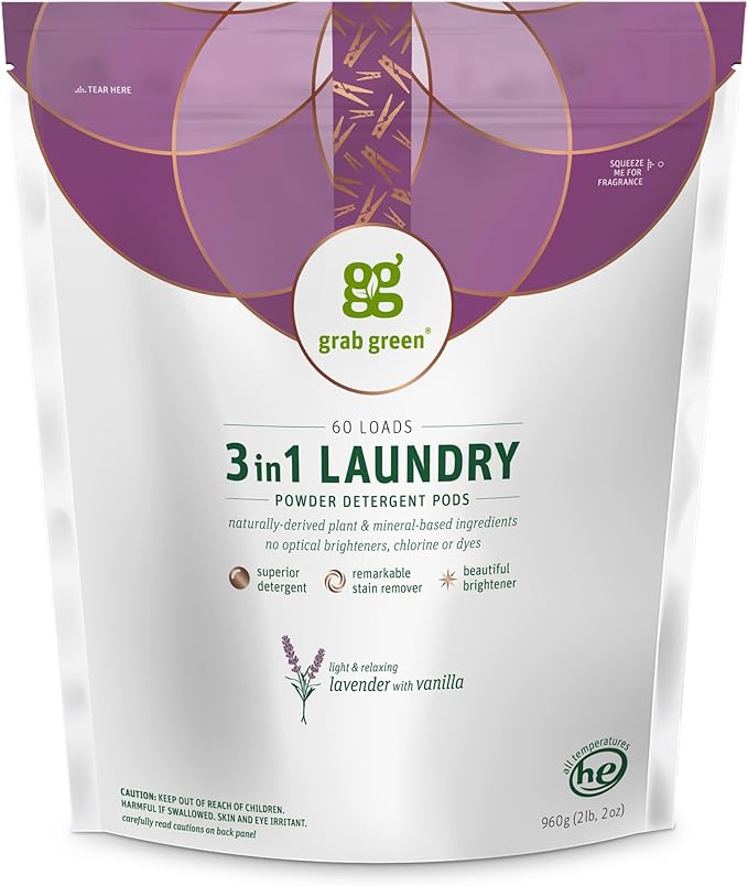 Grab Green Natural 3 in 1 Laundry Detergent Pods Lavender + Vanilla-with Essential Oils Organic Enzyme-Powered Plant &amp Mineral-Based White 34 Oz 60 Count