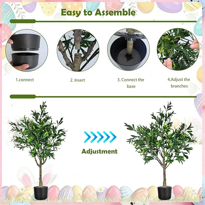 Easter Artificial Olive Trees Indoor Outdoor Decor 3.6 FT Tall Faux Olive Tree with Easter Eggs Planter UV Resistant Fake Plants Bushes Ever-Greenery with Lifelike Fruits for Home Office