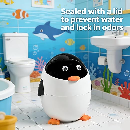 URALFA Penguin Trash Can 3.2 Gallon Kids Trash Can with Removable Inner Bucket Animal Themed Garbage Can Plastic Cute Trash Can for Bedroom Kids Room Nursery Dormitory Bathroom White