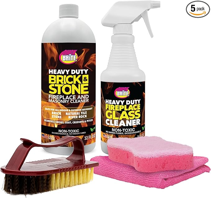 Quick 'n Brite Fireplace Cleaning Kit – Includes 16 oz Fireplace Glass Cleaner 32 oz Gel Fireplace Cleaner Scrub Brush Sponge and Microfiber Towel