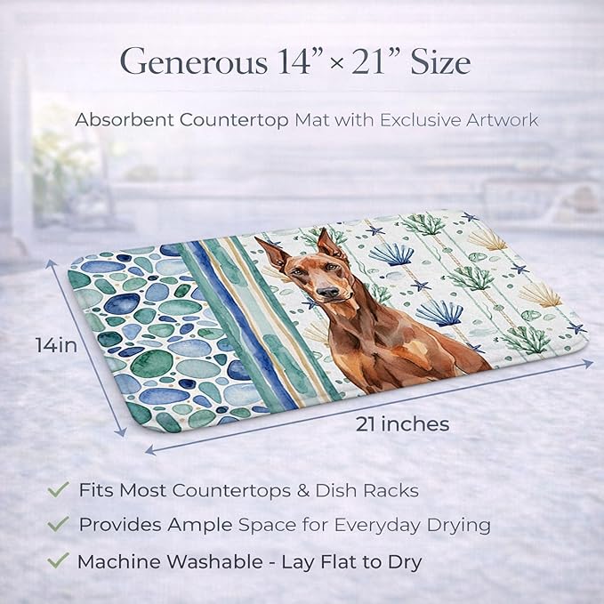 Caroline's Treasures Red Doberman Pinscher Coastal Sea Glass Dish Drying Mat Absorbent Dish Drying Mat Pad for Kitchen Counter Dish Drainer Mat for Countertop 14 x 21 Multicolor