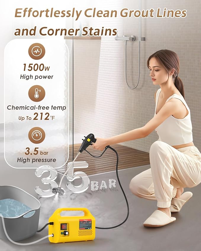 1500W Tankless Pressurized Steam Cleaner - Handheld Portable Grout &amp Tile Steamer for Home Kitchen Bathroom and Car Cleaning - 110V | Yellow