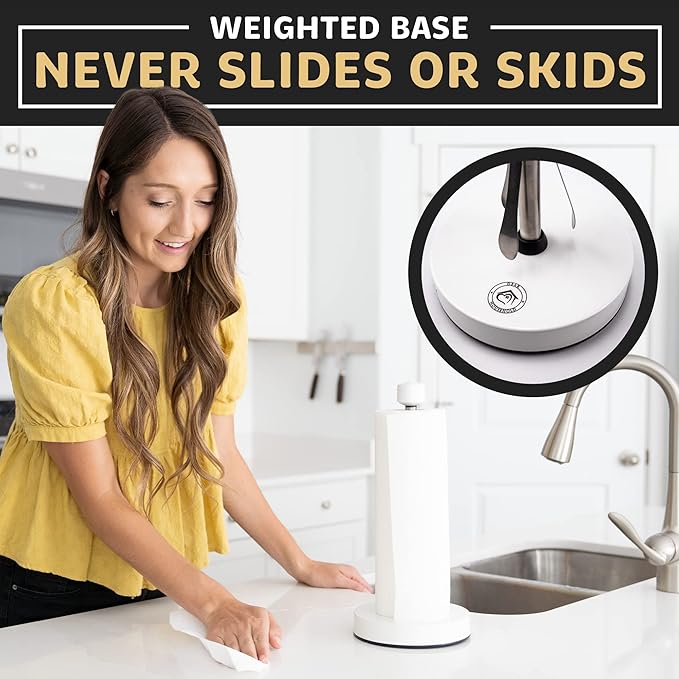 Heavy-Duty Stainless Steel Paper Towel Holder - Easy One-Handed Tear with Suction Cups - Modern Weighted Standing Countertop Dispenser for Kitchen - Holds All Paper Towel Rolls White
