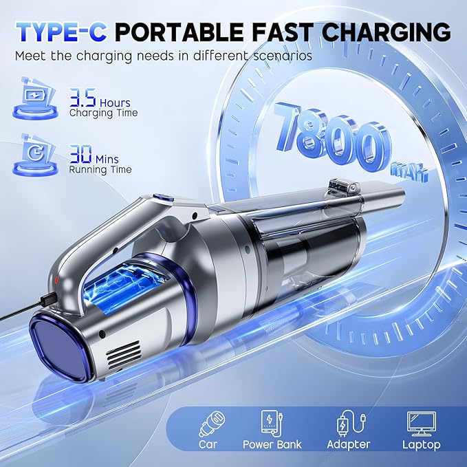Handheld Vacuum Cordless 16000PA Strong Suction Hand Held Car Vacuum Cleaner Portable Hand Vacuum Rechargeable with Multi-Nozzles &amp LED Light for Home Car Office Pets