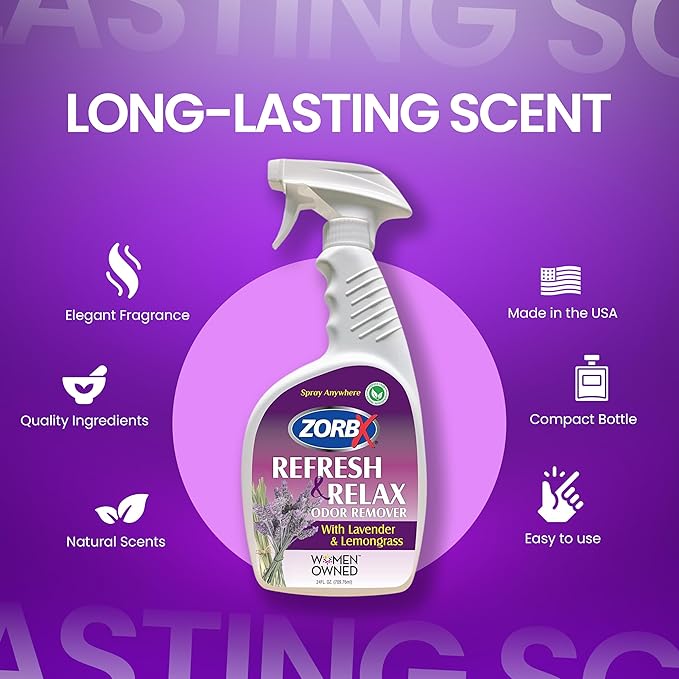 ZORBX Lavender &amp Lemongrass Spray 24 Oz - All-Purpose Deodorizer Refreshes Fabric Removes Strong Odors Perfect for Home Car Gym Laundry