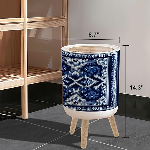 Small Trash Can with Lid Navy Blue Indigo Geometric ethnic oriental seamless thai traditional 1.8 Gallon/7L Garbage Can Waste Bin with Press Top Lid Legs Waste Basket for Bathroom Kitchen Bedroom