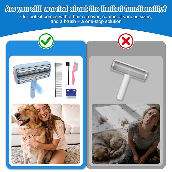 Pet Hair Remover Set with Spray &amp Self-Storage – Reusable Double-Sided Roller 4-Piece Grooming Brushes &amp Combs for Dogs Cats Furniture &amp Clothing