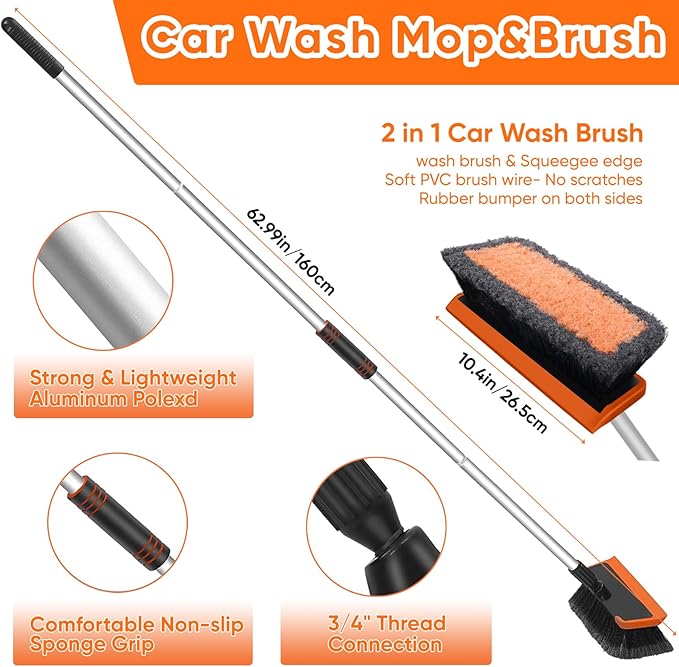 Wontolf 62'' Car Wash Brush with Long Handle Scratch-Free Soft Bristles Sturdy Car Wash Mop Complete Cleaning Brush Kit Wash Mitt Towel Windshield Squeegee Wheel Tire Brush for Car Truck RV Orange
