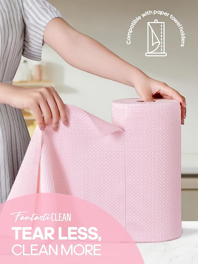 Fantasticlean Large Tear-Away Microfiber Cleaning Cloth Roll - 18'' by 12'' 36 Sheets Thick Dish Cloths Super Absorbent Reusable Kitchen Towels (Pink)