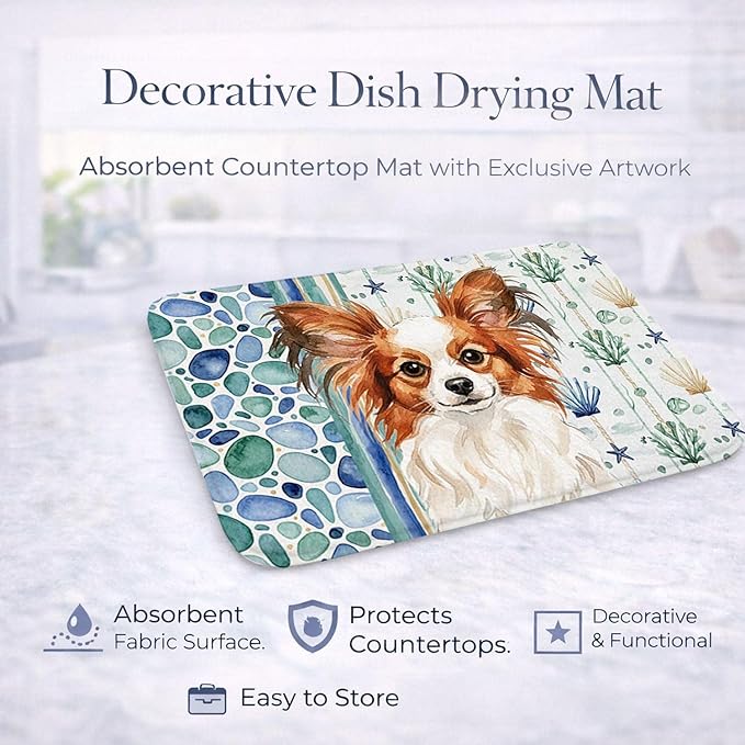 Caroline's Treasures White with Red Papillon Coastal Sea Glass Dish Drying Mat Absorbent Dish Drying Mat Pad for Kitchen Counter Dish Drainer Mat for Countertop 14 x 21 Multicolor