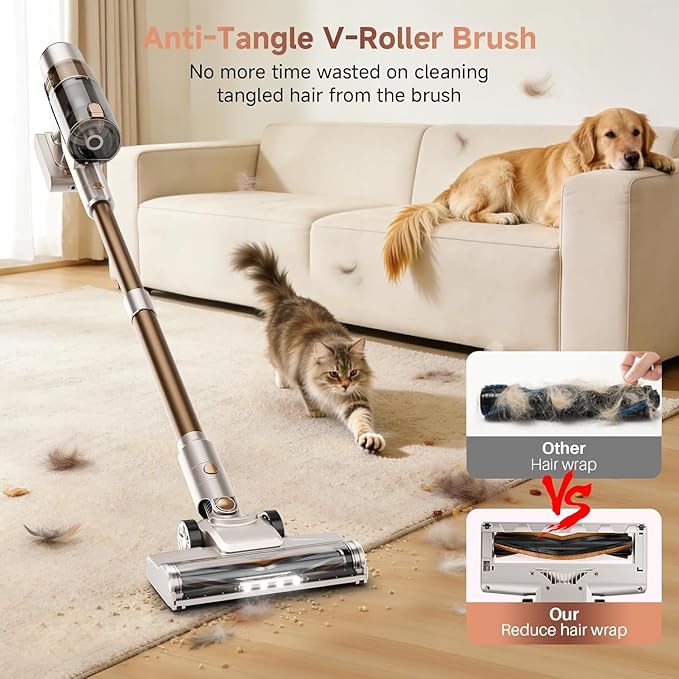 Cordless Vacuum Cleaner: Portable 6-in-1 Stick Vacuum with Anti-Tangle Brush LED Headlight Self-Standing HD Display Rechargeable Vacuum for Pet Hair Low-Pile Carpet and Hardwood Floor-Off White