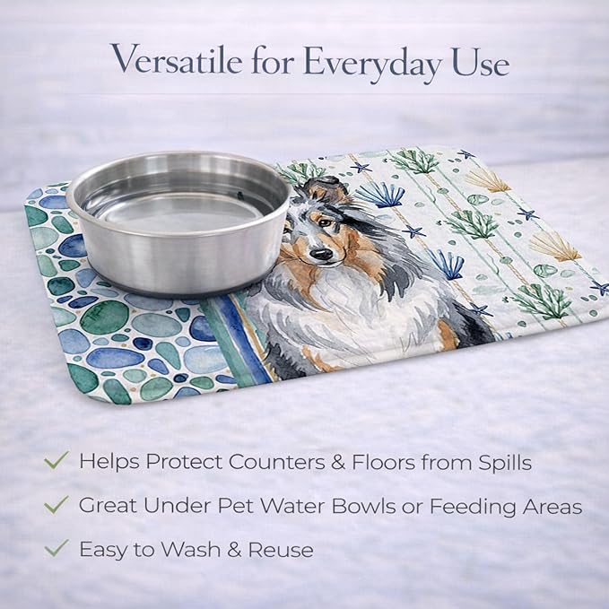 Caroline's Treasures Blue Merle Sheltie Coastal Sea Glass Dish Drying Mat Absorbent Dish Drying Mat Pad for Kitchen Counter Dish Drainer Mat for Countertop 14 x 21 Multicolor