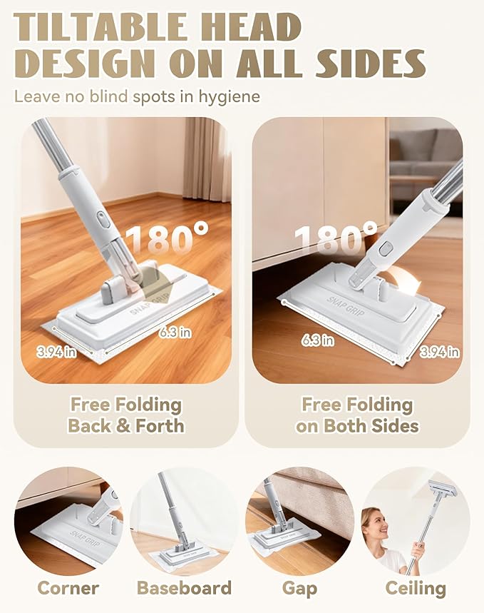 Mini Mop - Instant Touch-Free Cloth Change 39' Convenient Cloth Changing Mini Mop with Locking Head Lazy Zero Touch Mini Mops Wet and Dry for Kitchen House (10.2 * 48.4in 3 Cloths)