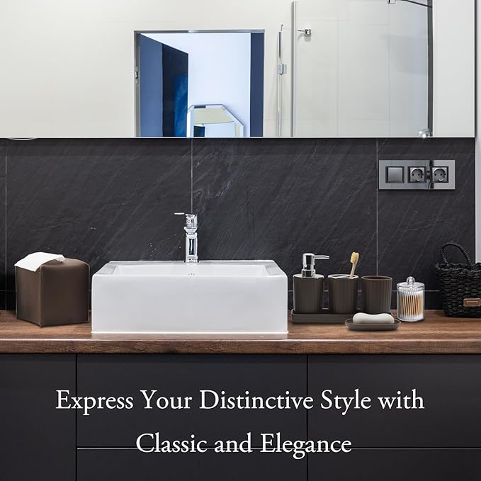 Bathroom Accessory Set - 10 Piece Brown Bathroom Accessories Set with Trash Can Toothbrush Holder and Cup Soap Dispenser Soap Dish Toilet Brush Holder Vanity Tray Qtip Holder Tissue Box Cover