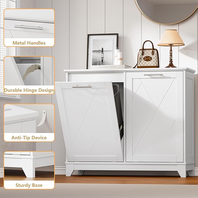 Tilt Out Trash Can Cabinet for 2 Bins Hidden Recycle Garbage Bin Enclosure Wooden Double Laundry Cabinet with Odor Control Negative Ion &amp Ozone for Kitchen Bathroom Laundry Room