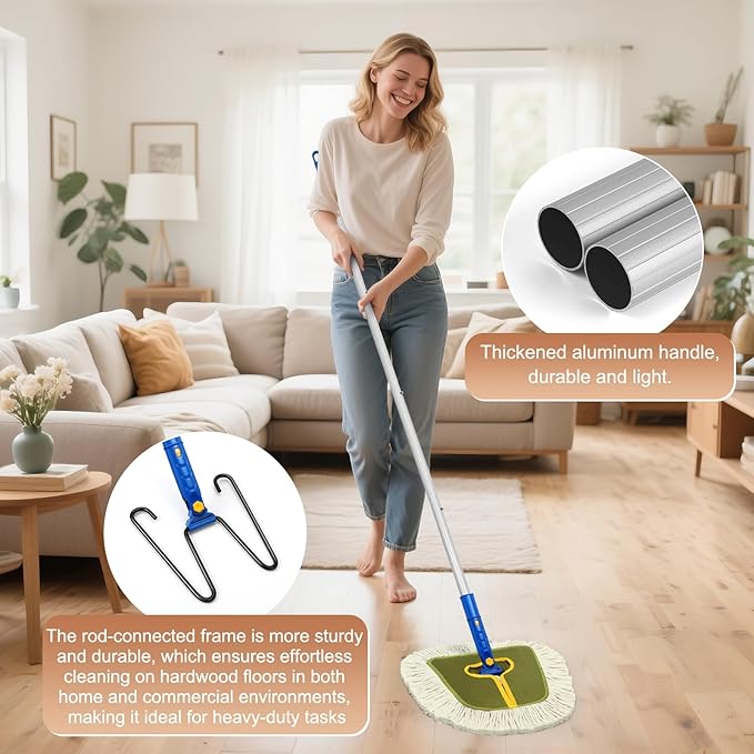 Commercial Dust Mop for Hardwood Floors Industrial Dry Mops with Replacement Wedge Cotton Mop Pads for Wall Cleaner Hardwood Tile Laminate VinylWalls HomeWarehouse Duster Green