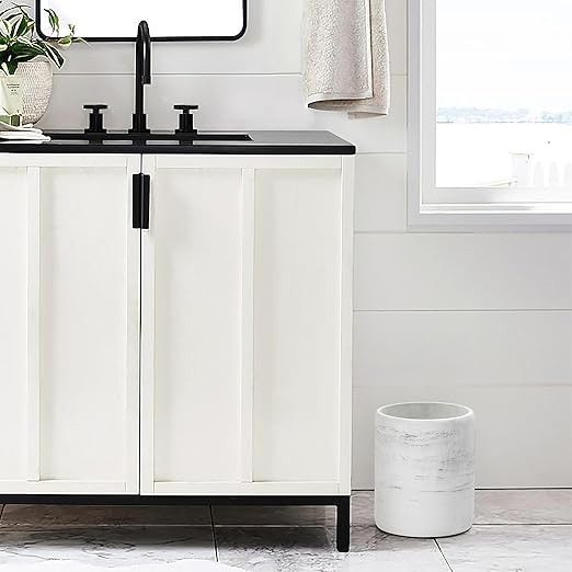 Bathroom Trash Can - Decorative Wastebasket Finished in Resin Beautiful Marble Look Modern Round Waste Basket for Bathroom Powder Room Or Living (Marble Style) white