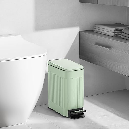 TIPGO Slim Bathroom Trash Can with Lid Soft Close Step Pedal 6 Liter / 1.6 Gallon Stainless Steel Trash Bin Small Garbage Cans for Bedroom Office Kitchen (Green)