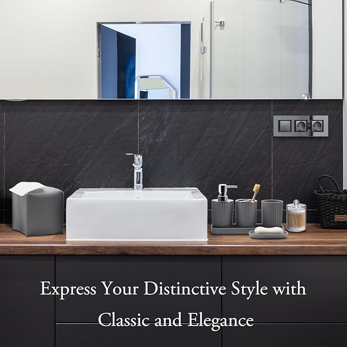 Bathroom Accessory Set - 10 Piece Grey Bathroom Accessories Set with Trash Can Toothbrush Holder and Cup Soap Dispenser Soap Dish Toilet Brush Holder Vanity Tray Qtip Holder Tissue Box Cover